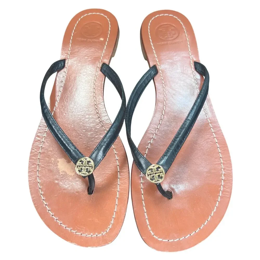Tory Burch Charm Black Leather Flip Flop Strap  Sandals 8.5
